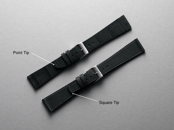 Two watch straps side by side, one with a pointed tip and the other with a square tip, illustrating tail-end design options.