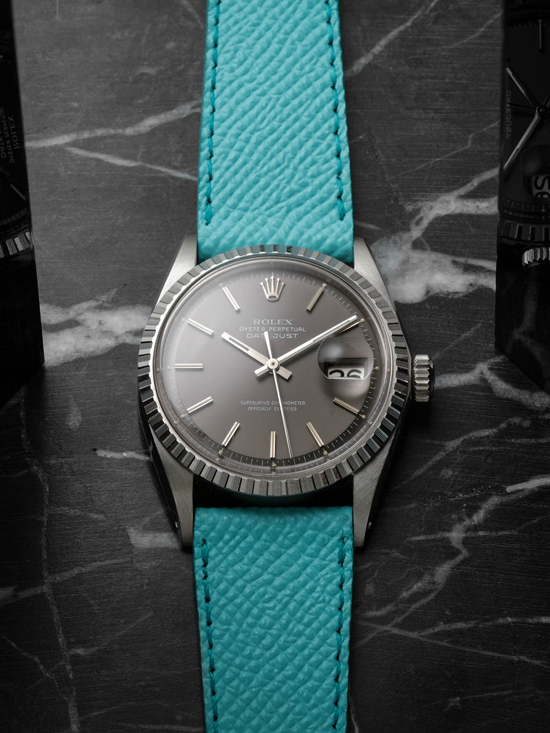 rolex datejust 1603 veblenist watch strap leather aquamarine textured calfskin